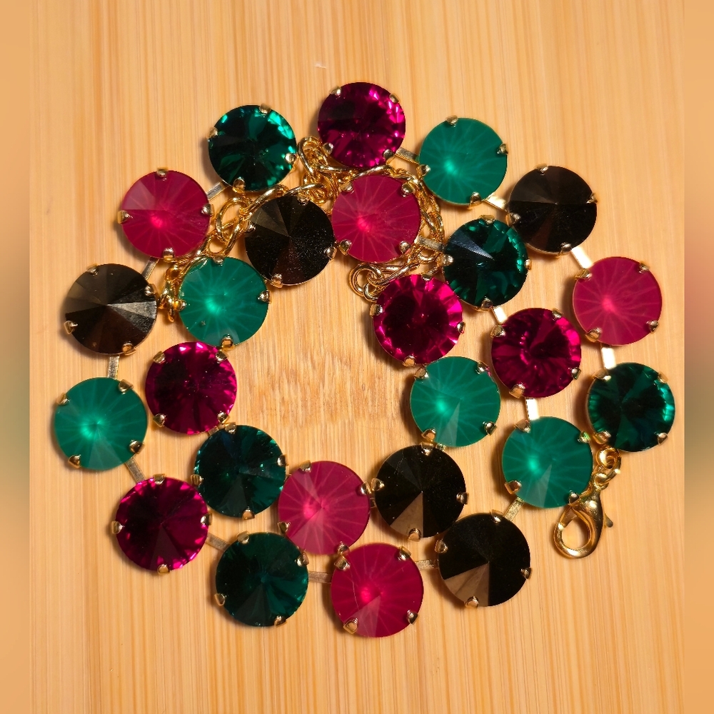 Radiate Christmas In Red, Green & Gold Swarovski Crystal Necklace In Gold Plated